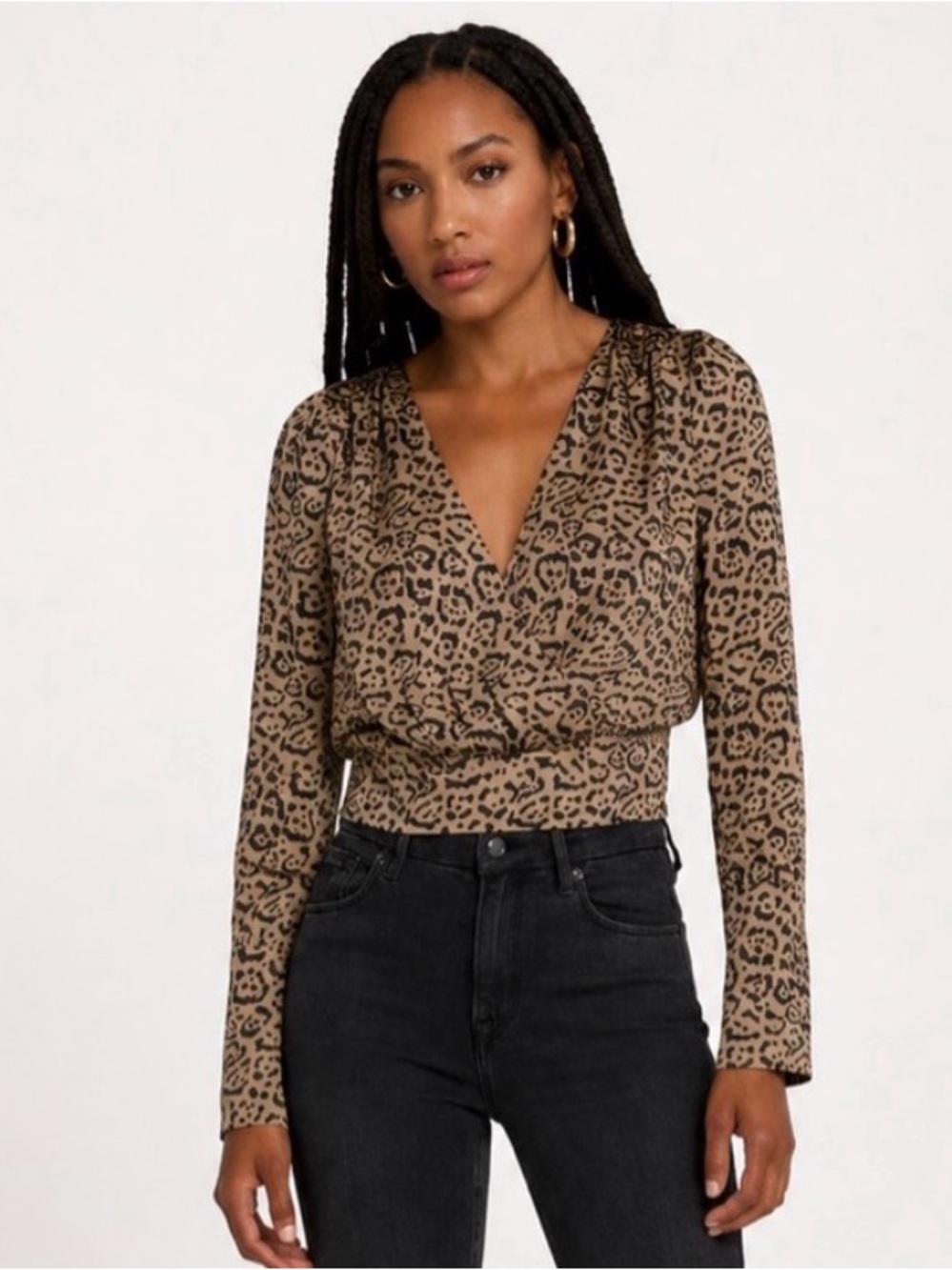Good American Feline Fine Leopard Print Long Sleeve Faux Wrap Blouse